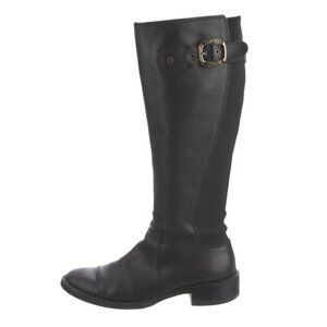 🖤 Giorgio Armani Black Leather Riding Boots Stretch Panel Logo Buckle Size 8.5